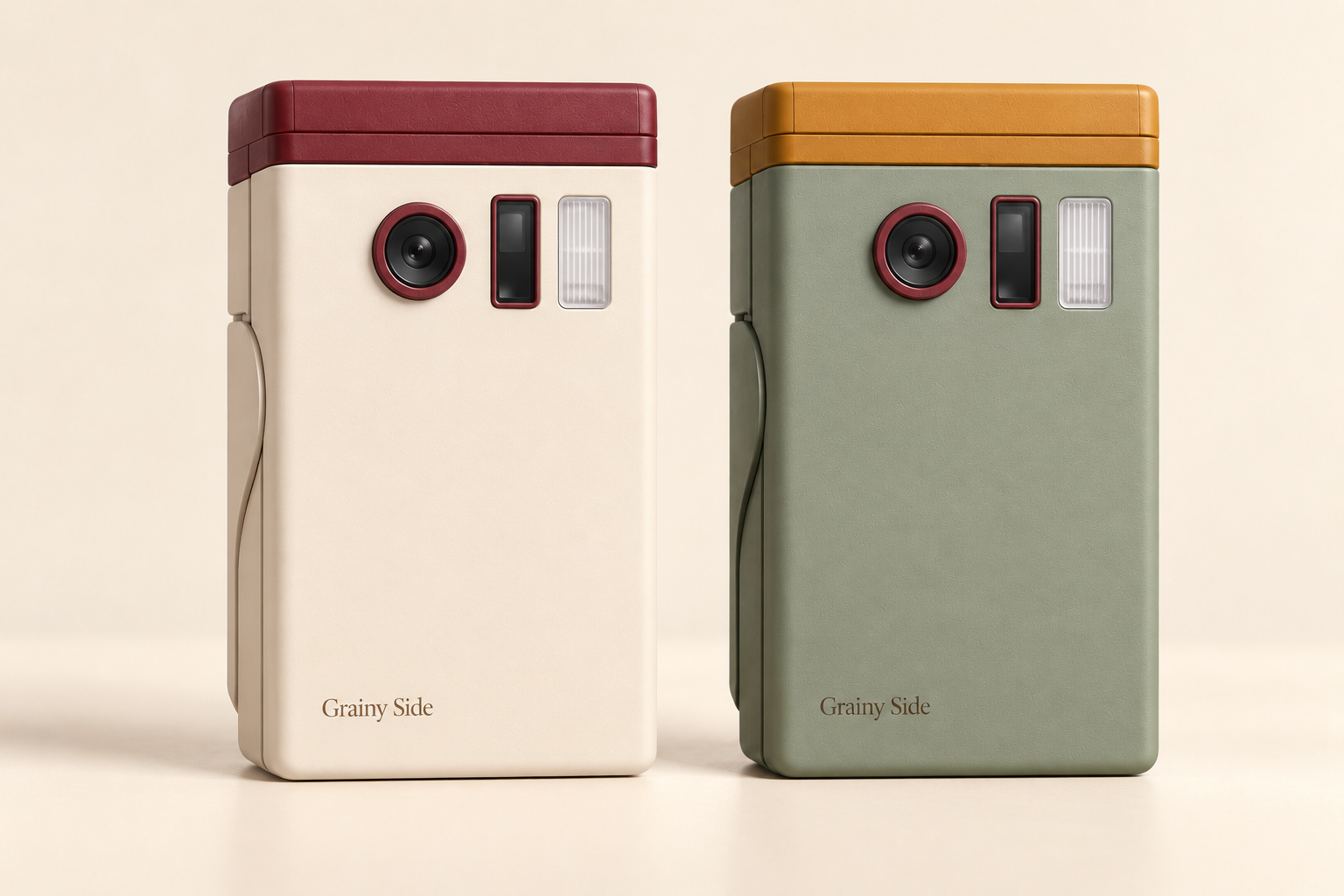 Two Grainy Side camera design concepts: cream with burgundy, and sage green with ochre and burgundy